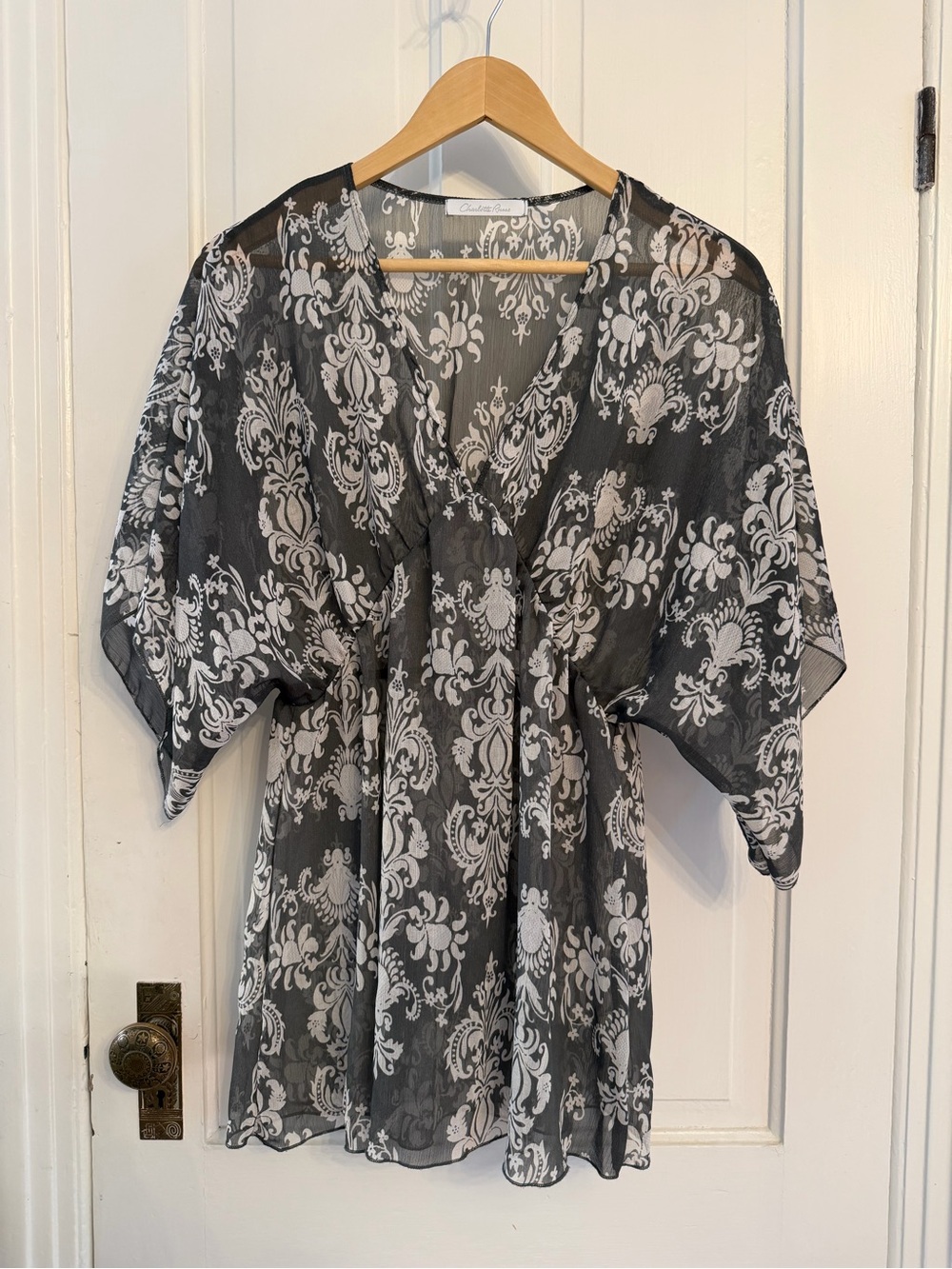 Sheer Grey/White Damask Kimono Sleeve Y2K Tunic